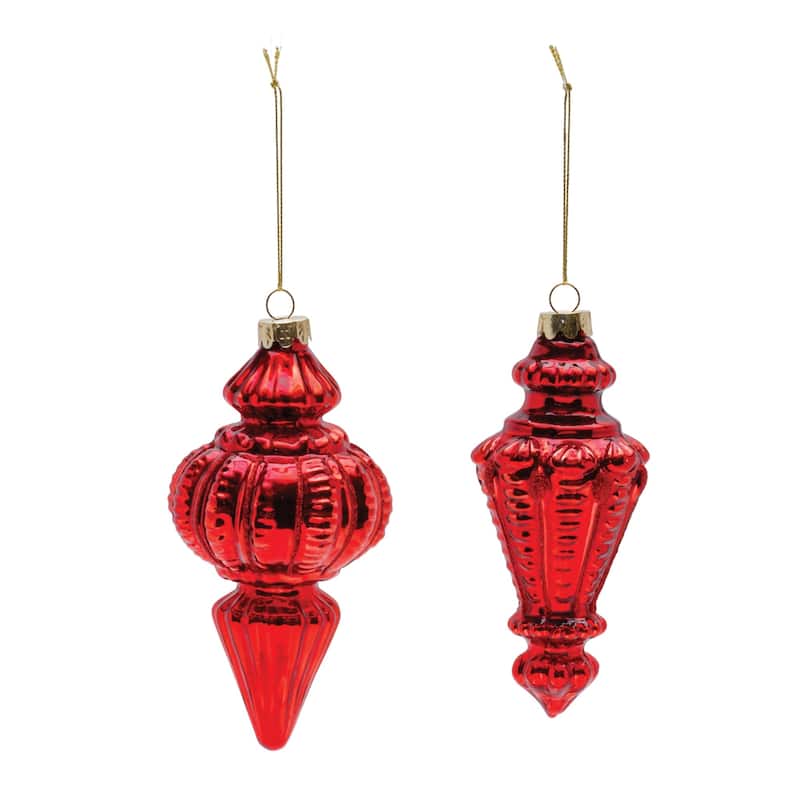 Ribbed Glass Finial Christmas Ornaments - 6.5" - Red - 6ct