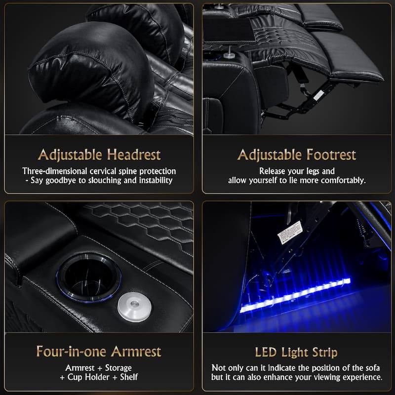 Roomfitters 124.4" Power Recliner 4-Piece Set, Top-Grain Nappa Leather, 19-Color RGB LED & USB-C Charging, Black