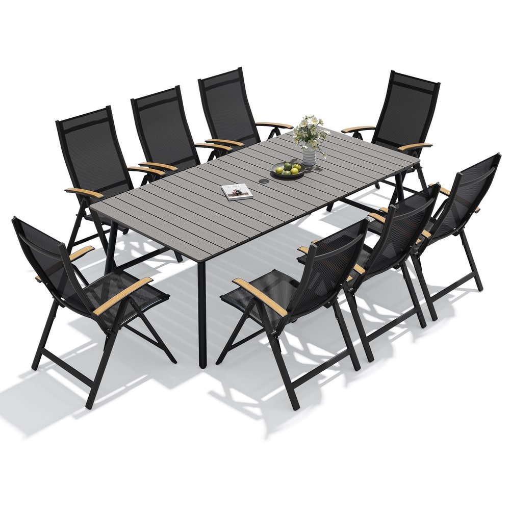 9-Piece Outdoor Patio Dining Set Wood-Like Table Top Aluminum Umbrella Hole Table with Folding Armrest Chairs