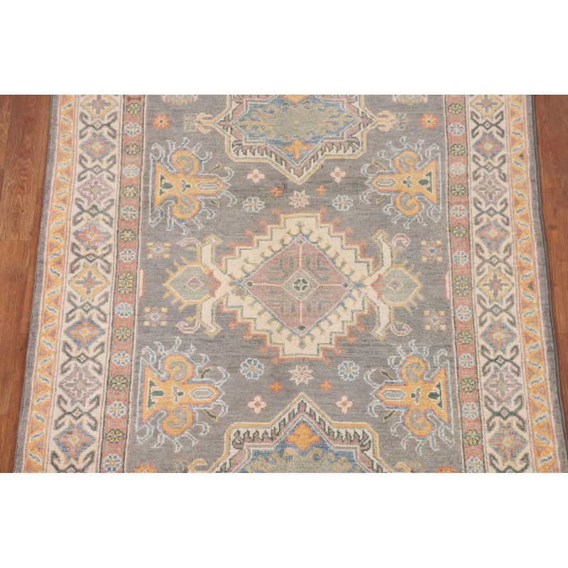 Geometric Grey Kazak Oriental Rug Bedroom Hand-Knotted Wool Carpet - 4'0"x 5'10"