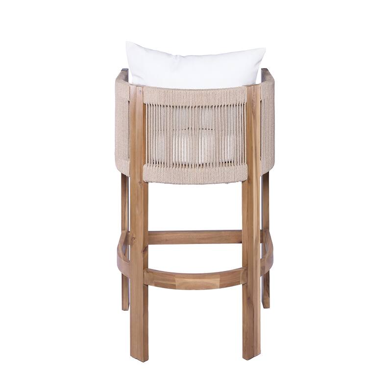 Roomfitters Matera Outdoor Acacia Wood Barstools with Rope Back, Teak Finish and Beige Set of 2