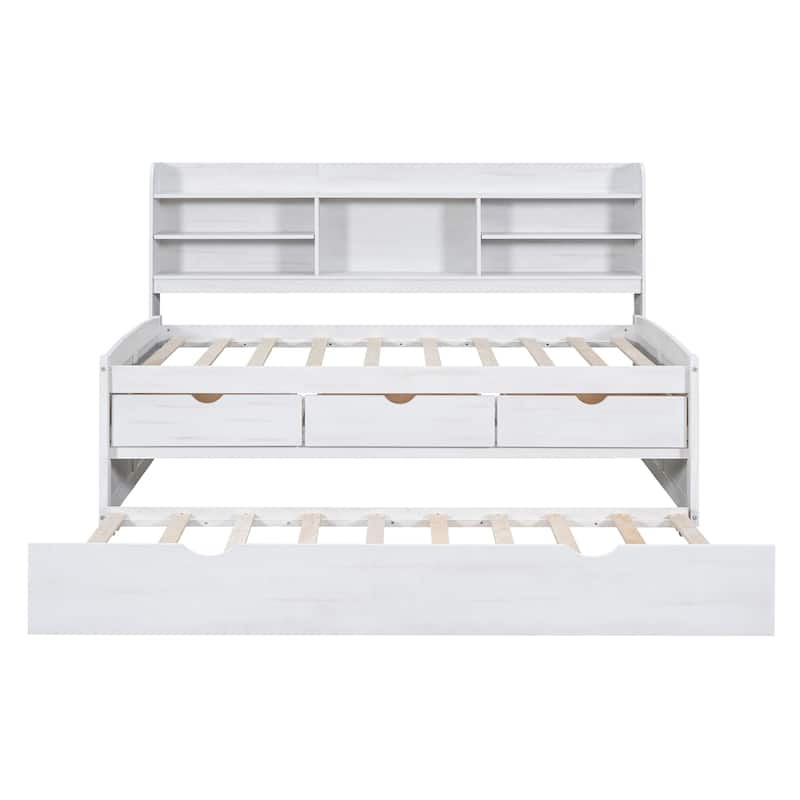 Twin Size Wooden Bed with Built-in Bookshelves,3 Drawers and Trundle