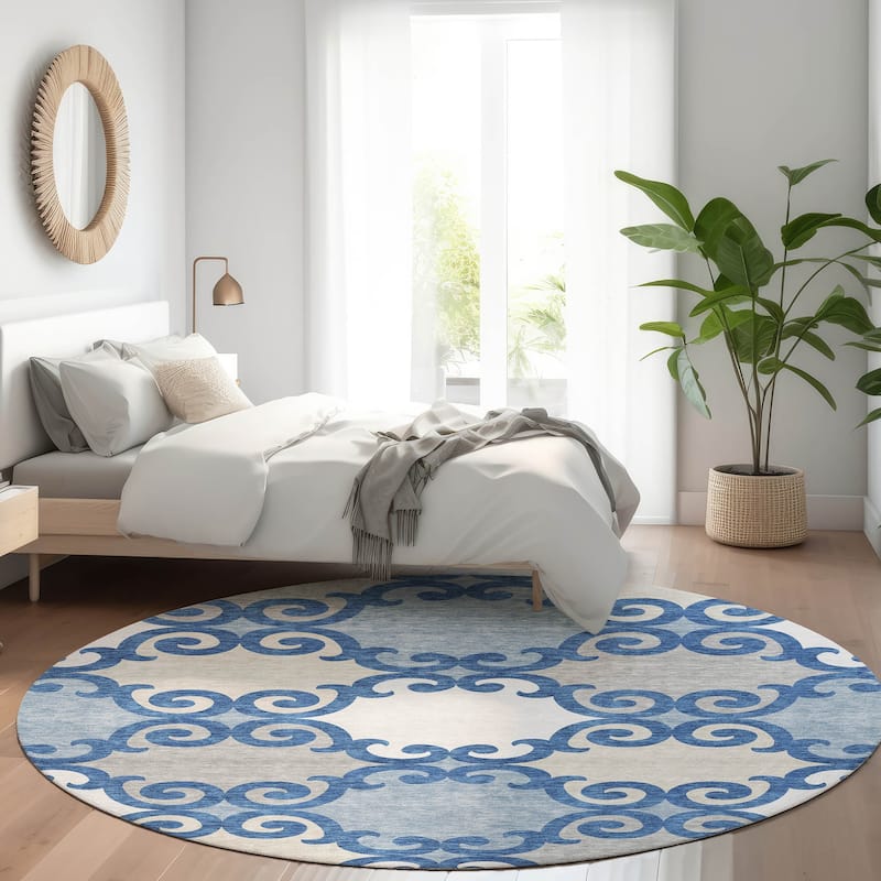 Premium Washable Super Soft Ornate Scroll Mayfield Rug - Navy - 8' x 8'