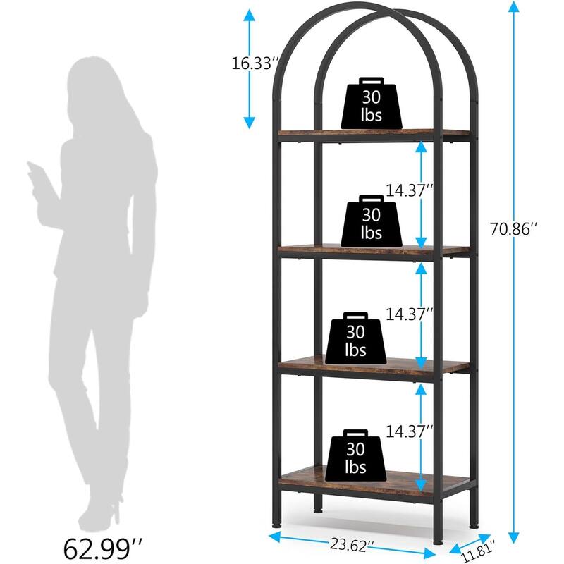 4-Tier Arched Bookshelf 70.8", Storage Shelves, Metal Frame