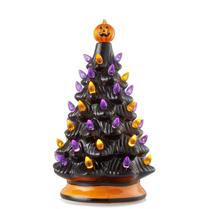 12in Hand Painted Ceramic Christmas Tree PreLit Tree with Star - Black