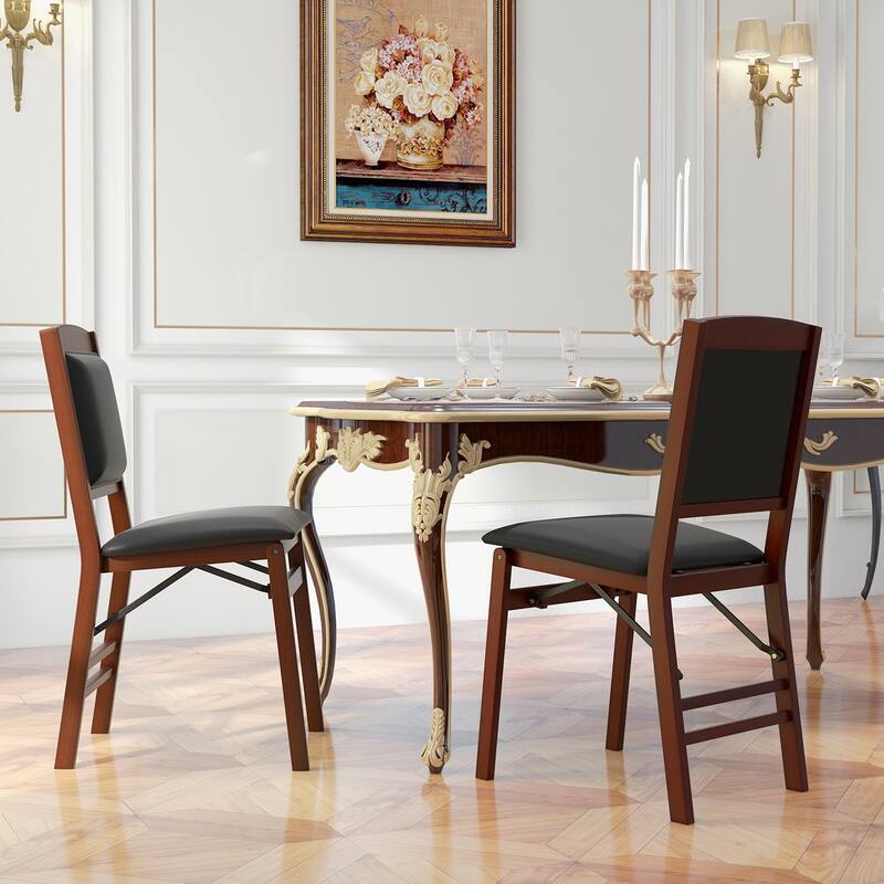 Set of 2 Black and Brown Folding Dining Chairs with Padded PU Leather Seat and Solid Wood - 19.5" x 16" x 34" (L x W x H)