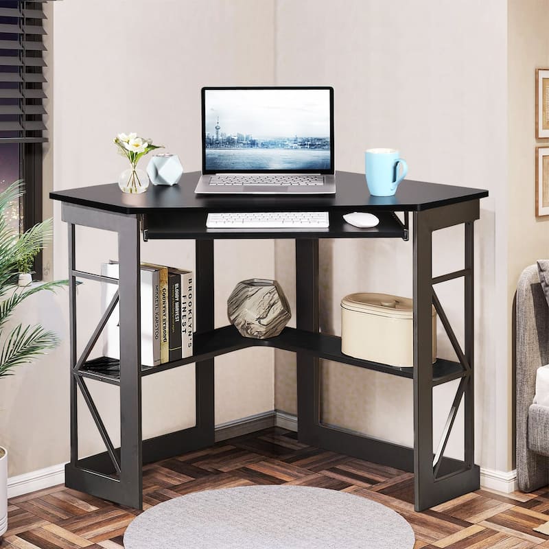 Javlergo Corner Desk with Keyboard Tray, Study Writing Computer Table for College Dorm Home Office - Black