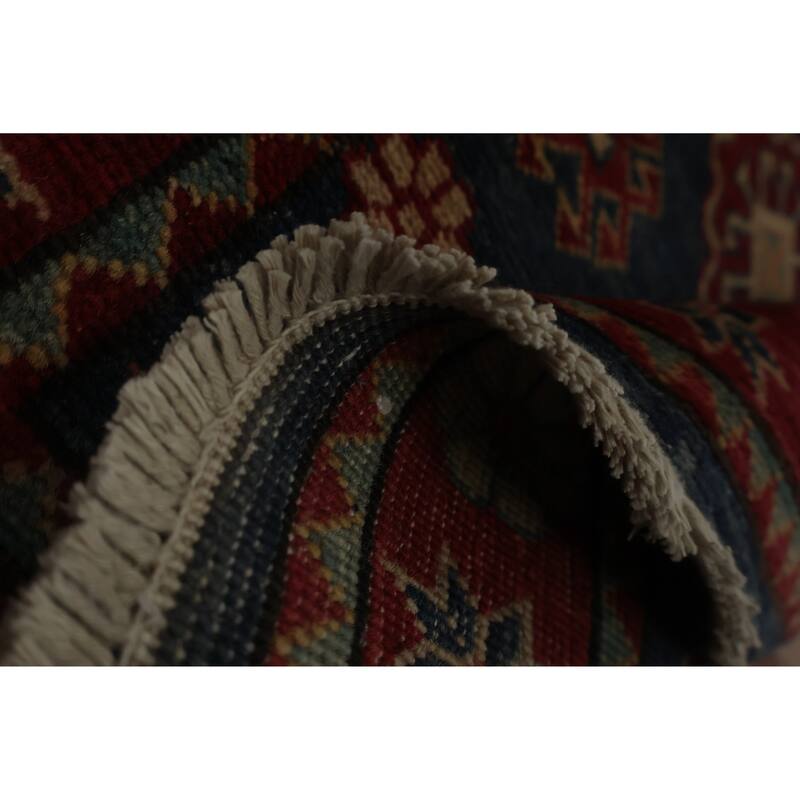 Hand Knotted Oriental 100% Wool Carpet Traditional Geometric Navy Blue & Blues Kazak Area Rug - 3' 1'' X 2' 1''