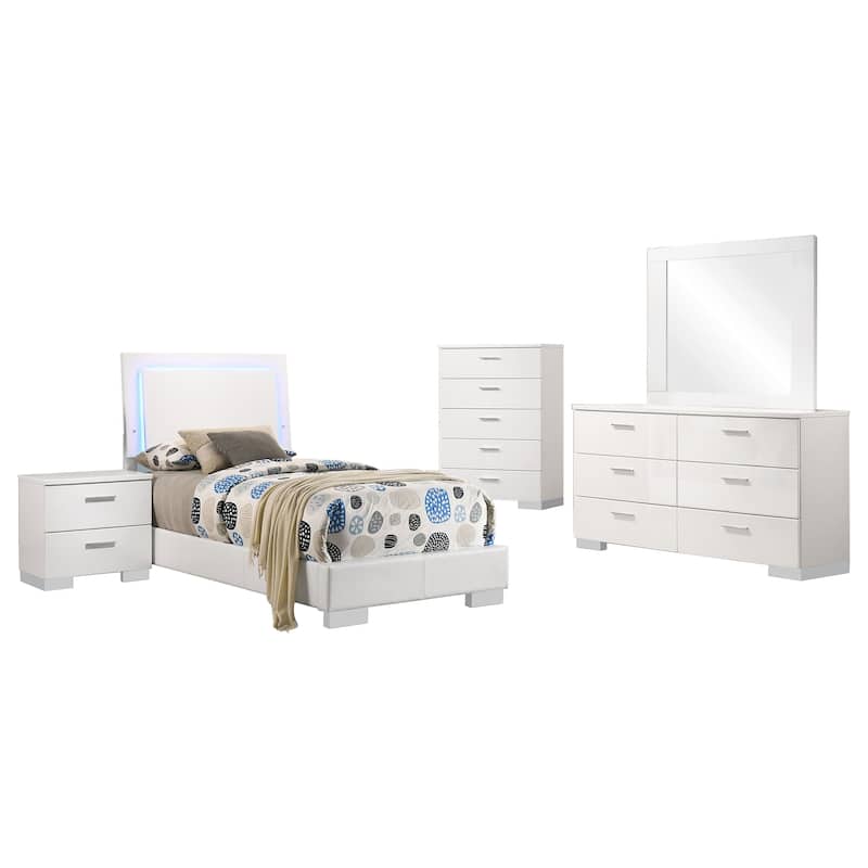 Sok 5pc Twin Bedroom Set with Blue LED Lights, White High Gloss Wood