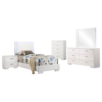 Sok 5pc Twin Bedroom Set with Blue LED Lights, White High Gloss Wood