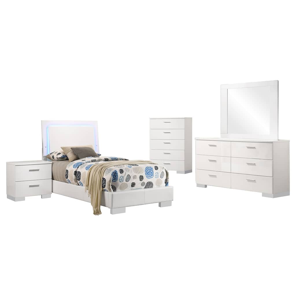 Sok 5pc Twin Bedroom Set with Blue LED Lights, White High Gloss Wood