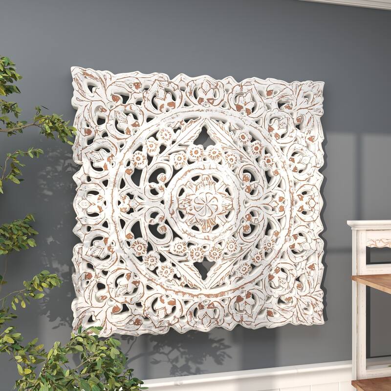 Wooden Floral Handmade Intricately Carved Home Wall Decor with Mandala Design - White - Roche River Decor