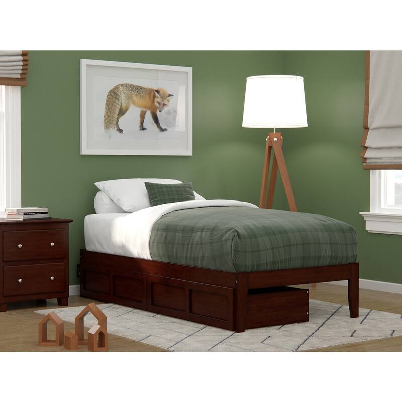 Vogue Twin Bed with USB Charger & Drawers - Walnut Finish, Modern Style Bed Frame with Storage