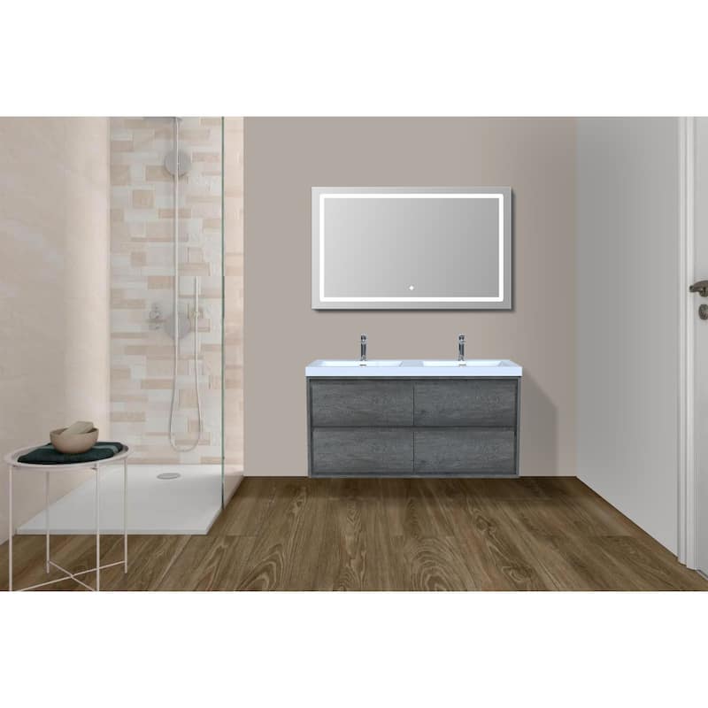 Sage 48" wall mounted bathroom vanity with double basin acrylic top - 48 - smoke oak