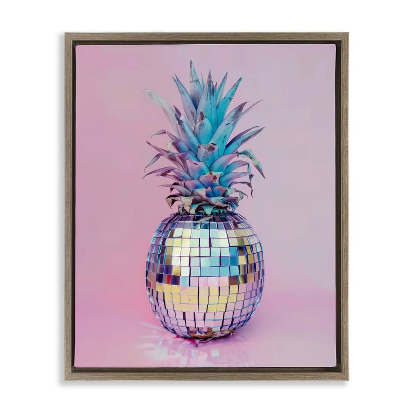 Stupell Dazzling Disco Ball Pineapple Framed Floater Canvas Wall Art Design By Arlington Prints - 17 x 21 - Brown