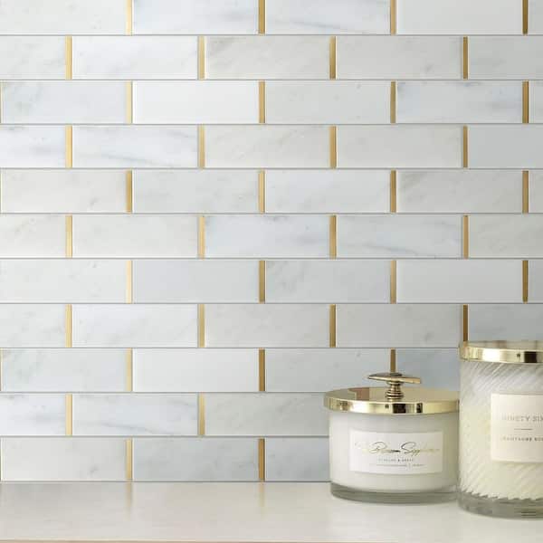slide 2 of 13, TileGen. Natural Bianco 2" x 6" Subway Metal and Marble Mosaic Tile in Gold/White Wall Tile (10 sheets/9.7sqft.)
