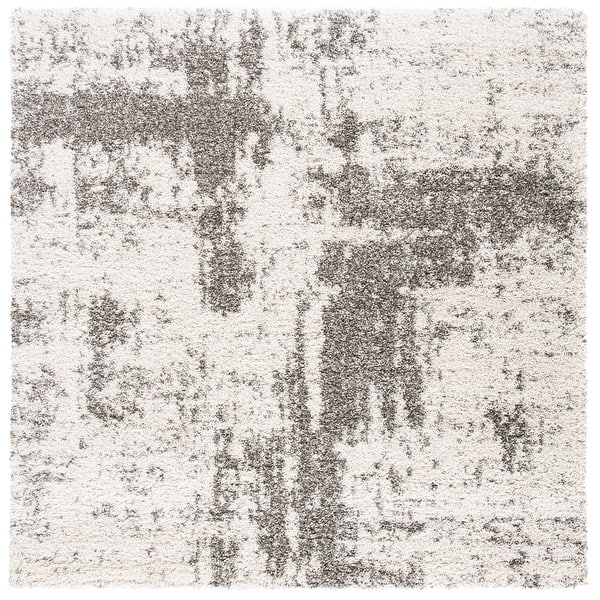 SAFAVIEH Hudson Shag Frachia Modern Abstract 2-inch Thick Rug - 7' Square - Ivory/Grey - Square