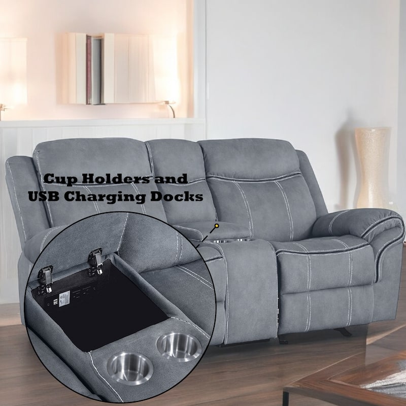Two Tone Gray Velvet Recliner Loveseat W/Usb Port & Console
