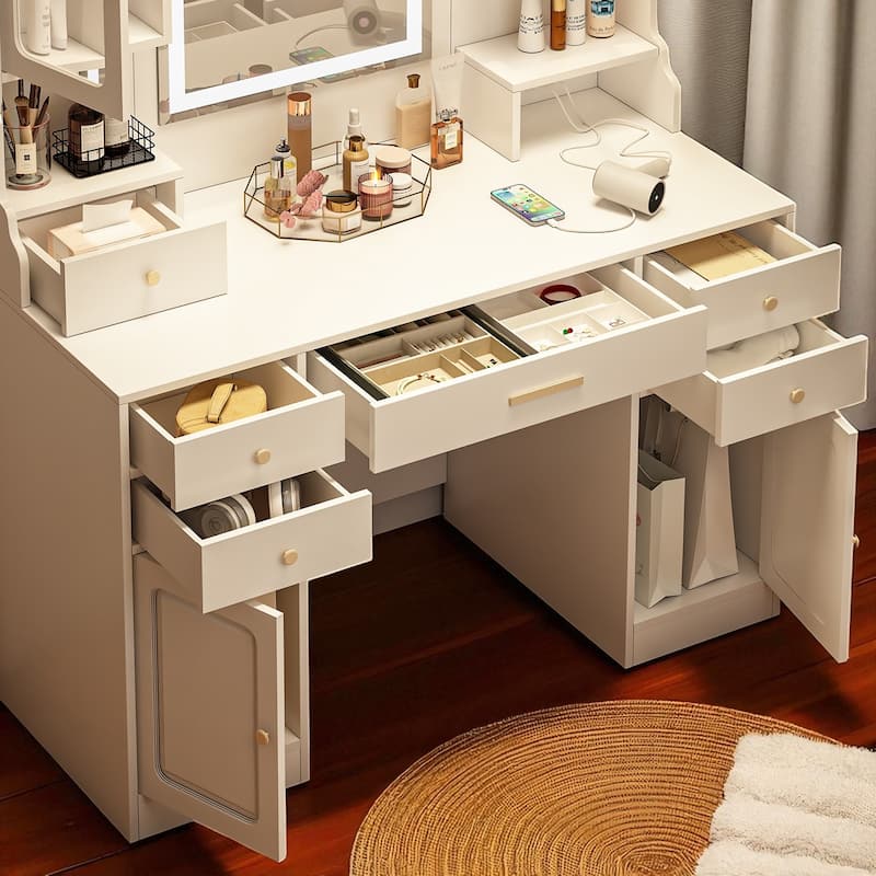 Large Vanity Table Set with Mirror, 6 Drawers, Shelves & Storage, Modern Makeup Dressing Desk with Golden Handles