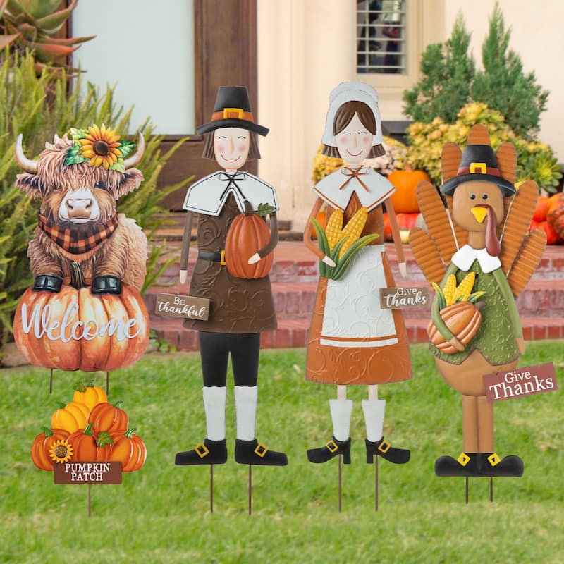 Glitzhome Fall Harvest Metal Yard Stake Hanging Decor for Thanksgiving (2-3 Functions)