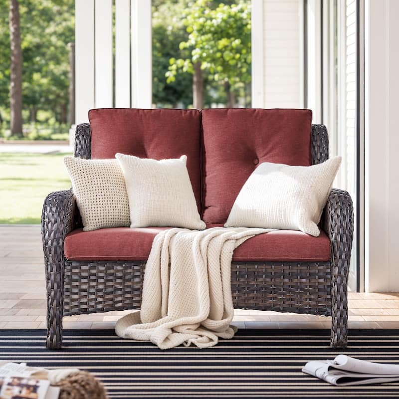 Gymojoy 2-Seat Patio Loveseat, Stylish Outdoor Sofa with Water-Resistant Olefin Cushions - Brown Wicker / Red Cusion - 1-Piece