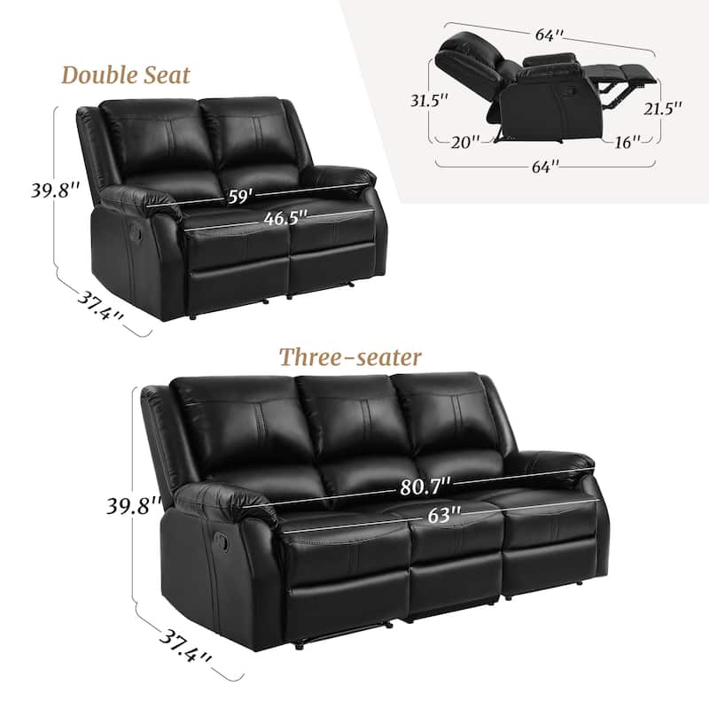 Modern Manual Recliner Chair, 2-Piece Faux Leather Reclining Sofa Set For Living Room, Black / Saddle Brown / Brown Double Color