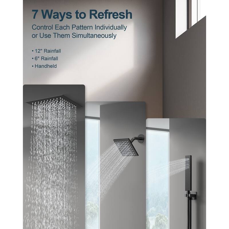 GRANDJOY LED 12" Rainfall Shower System Dual Shower Heads with 2-Handle Bathroom Sink Faucets Combo Set
