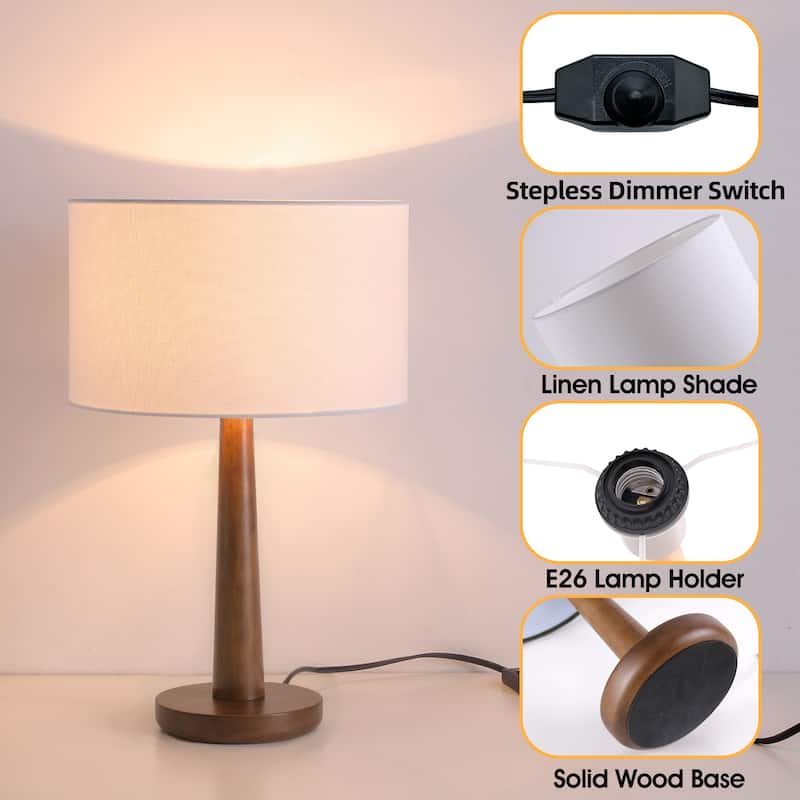 18.5" Modern Table Lamp with Walnut Wood Base, Dimmable Bedside Lamp, UL Listed