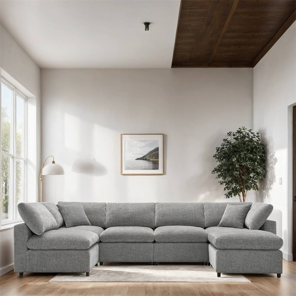 130" 6 Seat Chenille Sectional Couch Set with Ottoman for Living Room