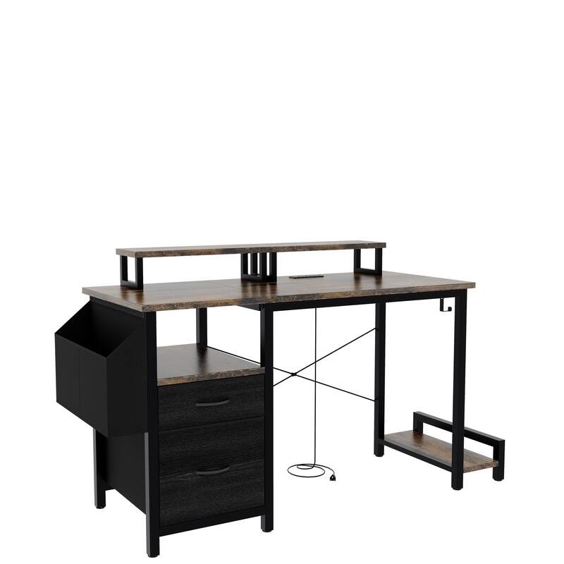 Home Office Desk with Movable Monitor Stands, Adjustable & Reversible Desk with Drawer and Hidden Power Outlets