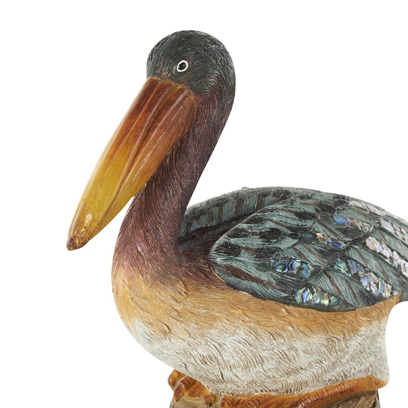Teal Resin Textured Sitting Pelican Decorative Sculpture with Brown Block and Shiny Accents - 10"W x 6"L x 12"H