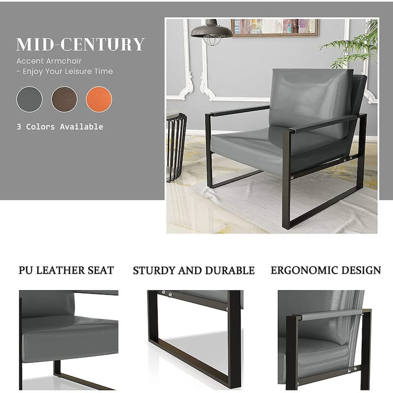 Mieres Mid-Century Style Faux Leather PU Accent Chair, Armchair with Steel Frame