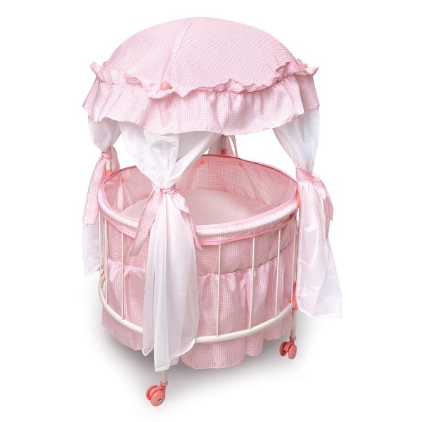 slide 2 of 8, Badger Basket Royal Pavilion Round Doll Crib with Canopy and Bedding - Pink/White - 20" x 20" x 33"