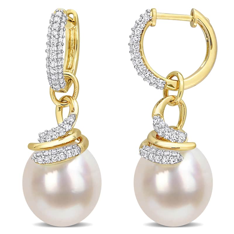 Miadora White South Sea Cultured Pearl and 3/5ct TDW Diamond Swirl Hoop Earrings in 14k Yellow Gold