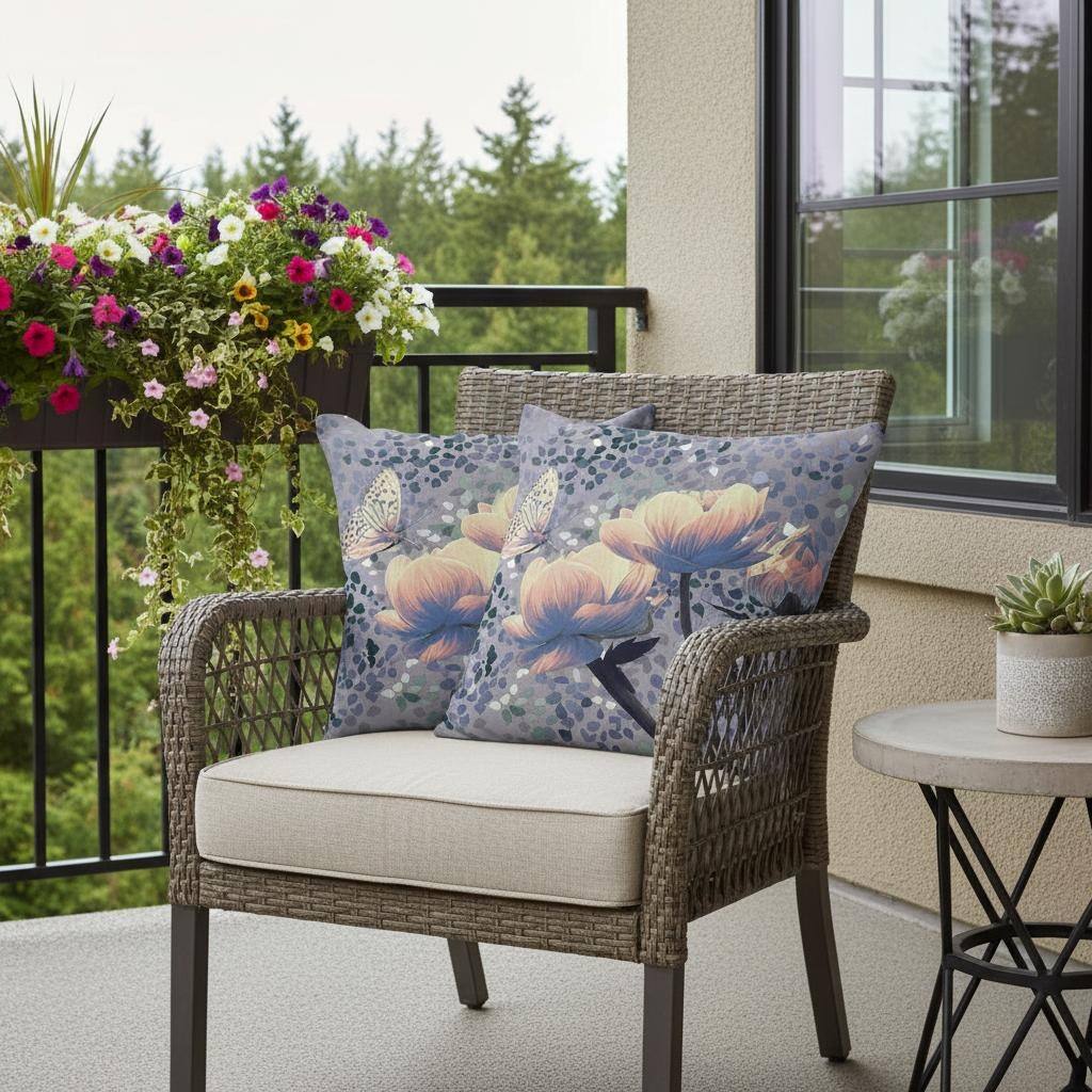 HomeRoots Set of Two 16" X 16" Gray and Yellow Butterfly Blown Seam Floral Indoor Outdoor Throw Pillow