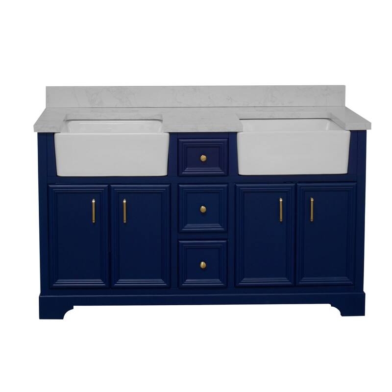 KitchenBathCollection Zelda 60" Double Farmhouse Bathroom Vanity with Engineered Carrara Top