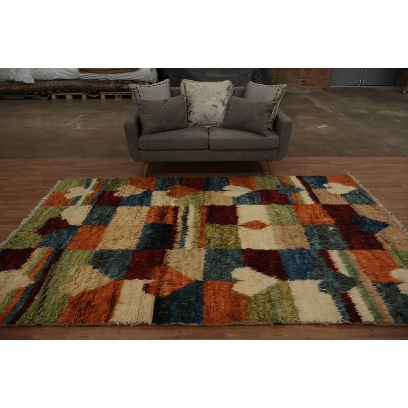 Hand Knotted Oriental 100% Wool Carpet Modern Geometric Multi-Colored Moroccan Area Rug - 9' 11'' X 6' 7''