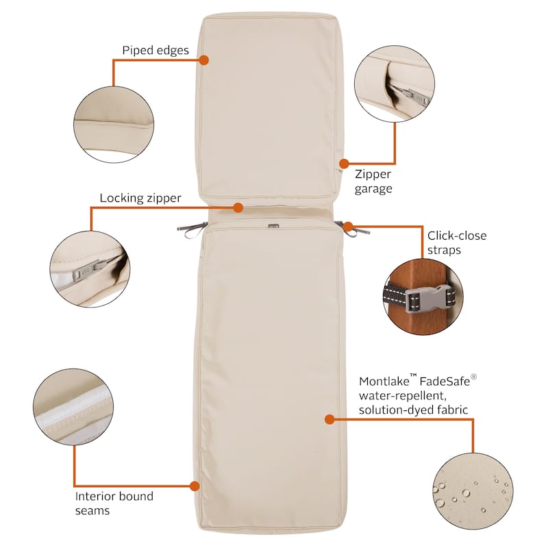 Classic Accessories Montlake Water-Resistant 72 x 21 x 3 Inch Patio Chaise Lounge Cushion Slip Cover, Antique Beige