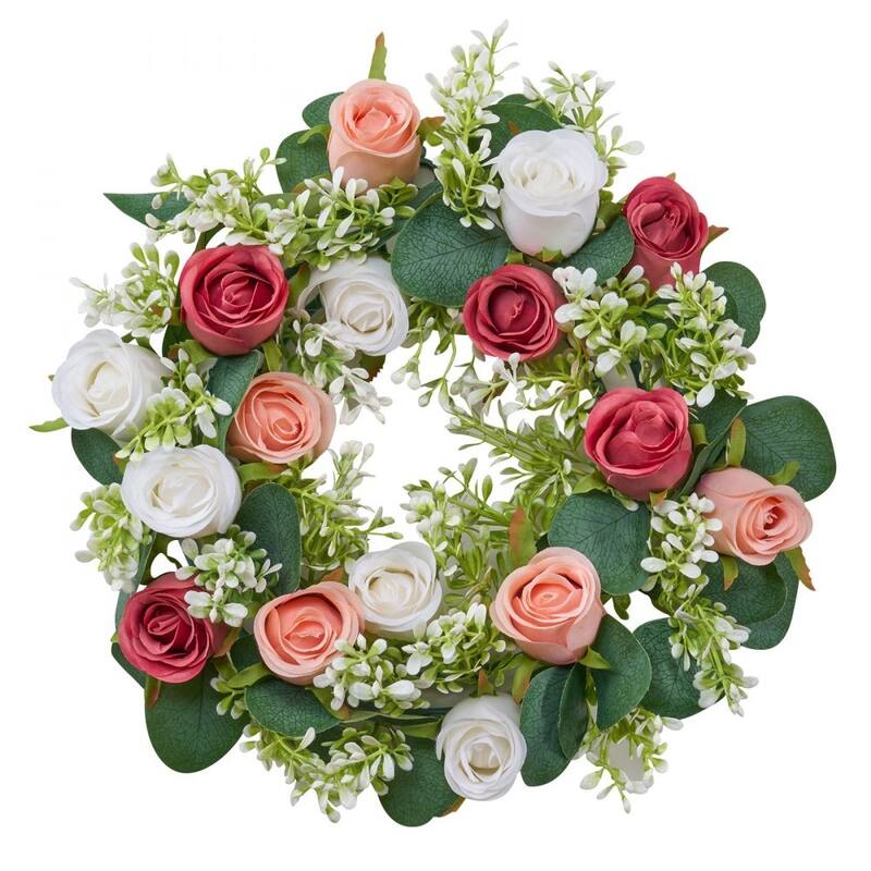 Pink White Silk Rose Wreath Centerpieces Set of 10 with Base - 13.4 x 13.4 x 3.5 inch