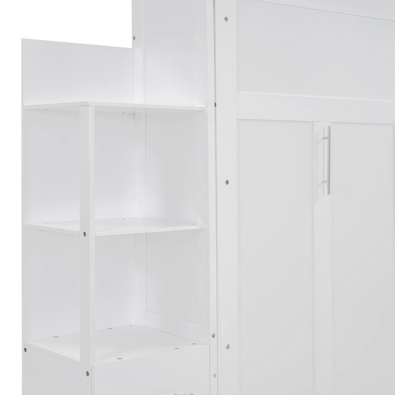 Space-Saving White Murphy Bed with Shelves, Drawers & LED Lights for Multi-Functional Rooms