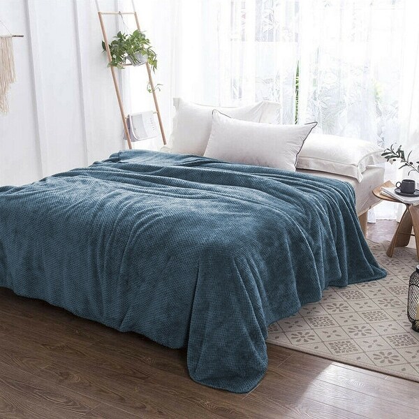 Soft Faux Fur Fleece Reversible Blanket Throw Blue Bed Bath