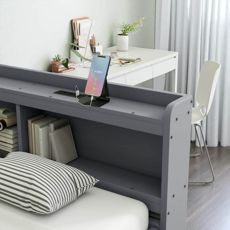 Full Size Bed with L-Shaped Bookcases, Power Outlets, USB Ports and 2 Storage Drawers