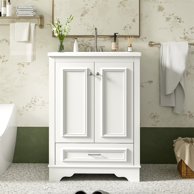24'' Bathroom Wood Storage Vanity Cabinet with Ceramic Sink, Drawer