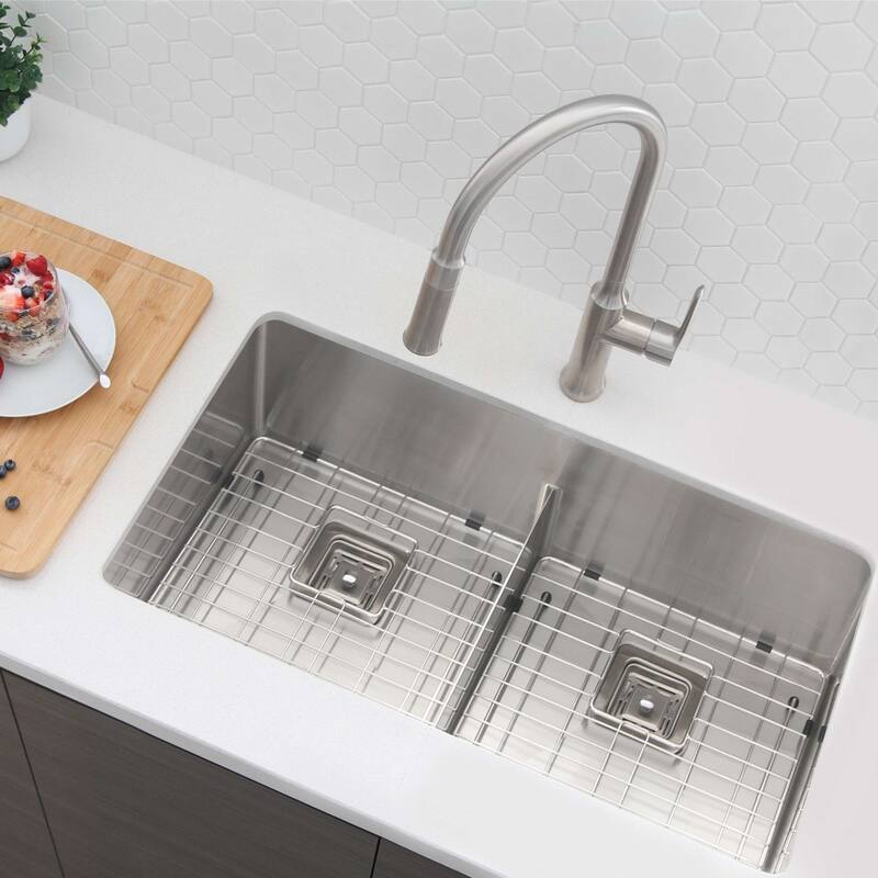 STYLISH 33 inches L x 18 inches W Stainless Steel Double Basin Undermount Kitchen Sink with Grids and Strainers - Brushed Stainless Steel