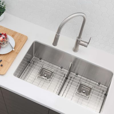 STYLISH 33 inch Slim Low Divider Double Bowl Undermount Kitchen Sink - 33" x 18" x 10"