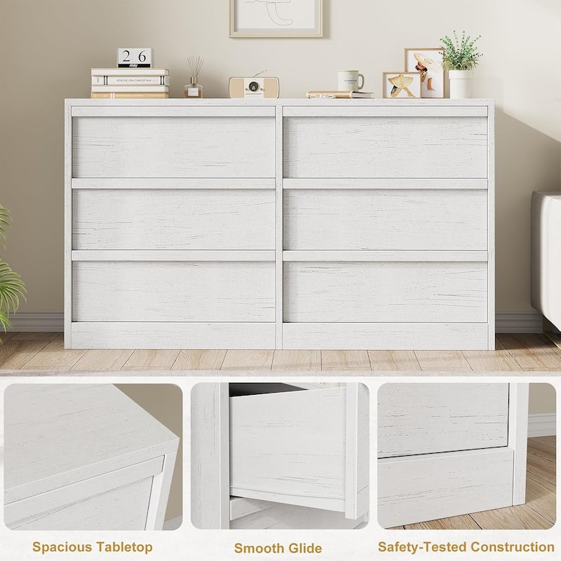 Modern Double Dresser Organizer with Large Storage, Wooden Chest of Drawers - White - 6-drawer