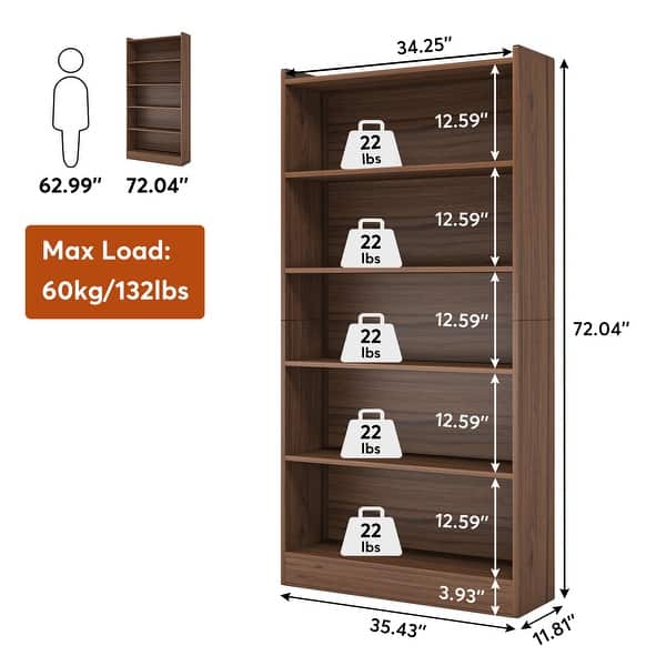 dimension image slide 3 of 5, 6-Tier Wood Bookcase, 72" Large Tall Bookshelf with Storage Shelves