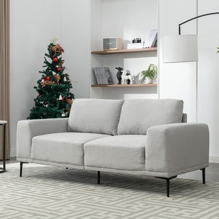 Modern Square Arm Loveseat Sofa Light Gray Linen Fabric Accent Loveseat ...