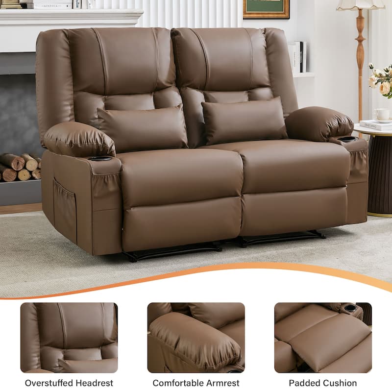 Manual Recliner Loveseat with Massage & Heating, Cup Holders & Side Pocket for Living Room
