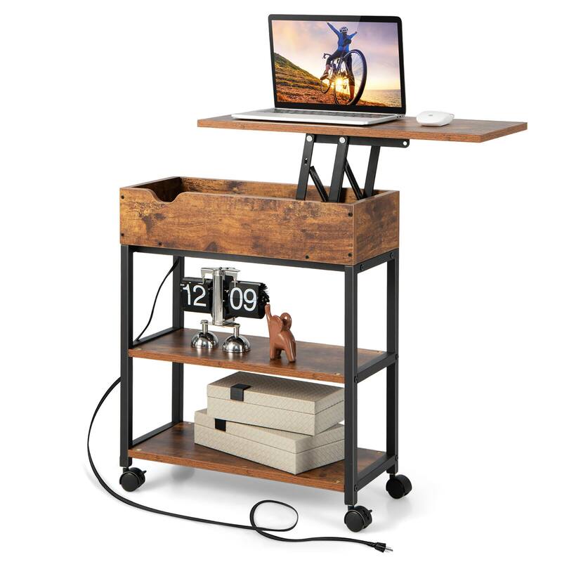Gymax Lift Top End Table w/ Charging Station Storage Shelves Wheels - Brown - MDF
